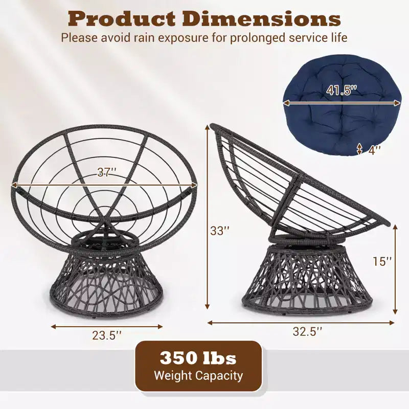 Gymax Fauteuil Papasan Pivotant à 360° en Rotin avec Coussin Épais et Cadre Métallique