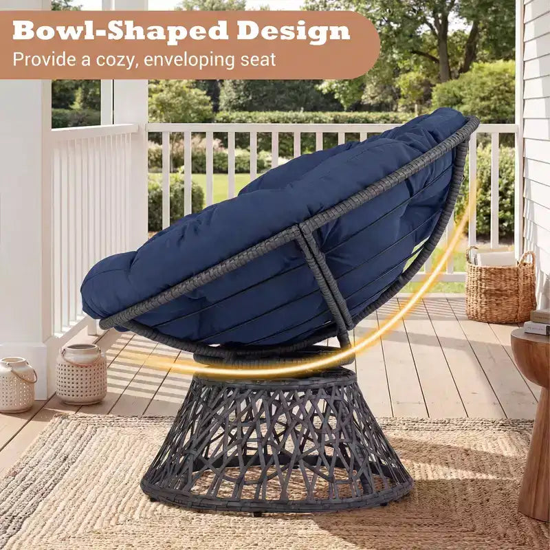 Gymax Fauteuil Papasan Pivotant à 360° en Rotin avec Coussin Épais et Cadre Métallique