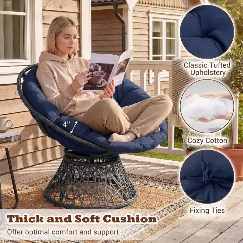 Gymax Fauteuil Papasan Pivotant à 360° en Rotin avec Coussin Épais et Cadre Métallique