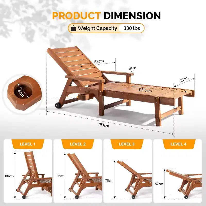 VINGLI Chaise longue de piscine et de plage en bois avec dossier réglable, porte-gobelet et roues
