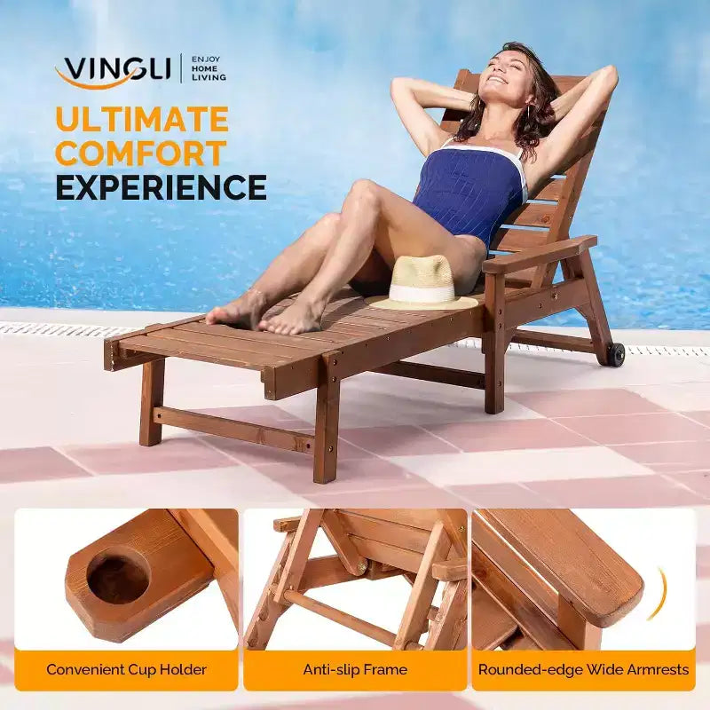 VINGLI Chaise longue de piscine et de plage en bois avec dossier réglable, porte-gobelet et roues
