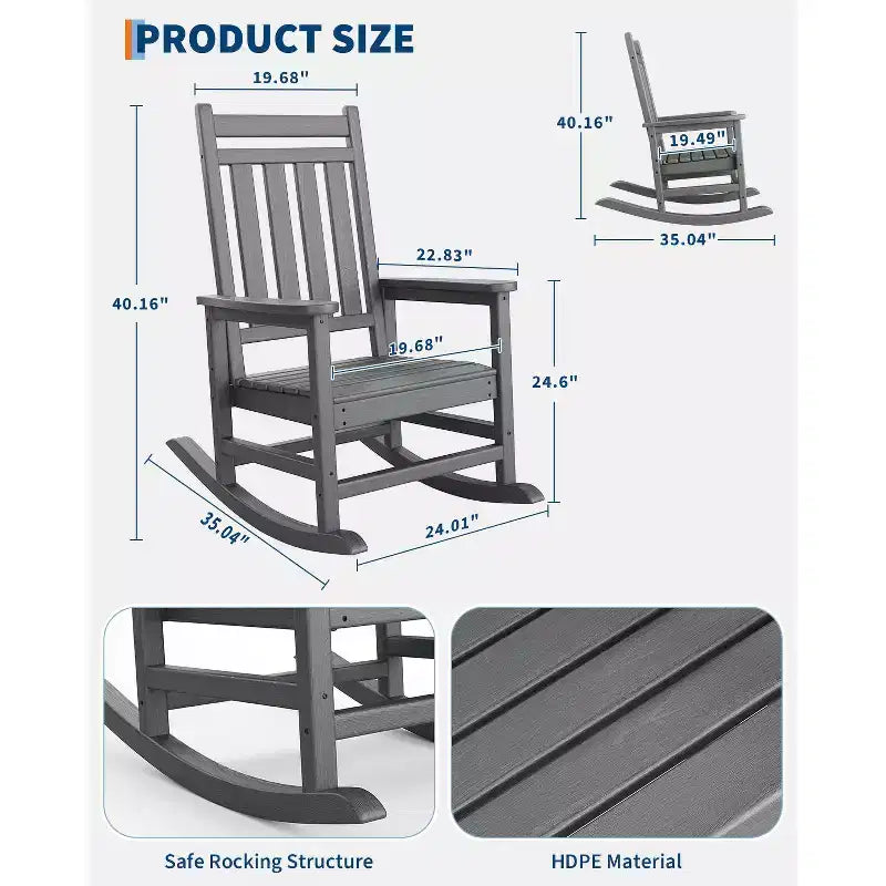 Fauteuil à bascule d'extérieur en PEHD, chaises à bascule de véranda à dossier haut en polyéthylène, meubles résistants aux intempéries pour terrasse et véranda