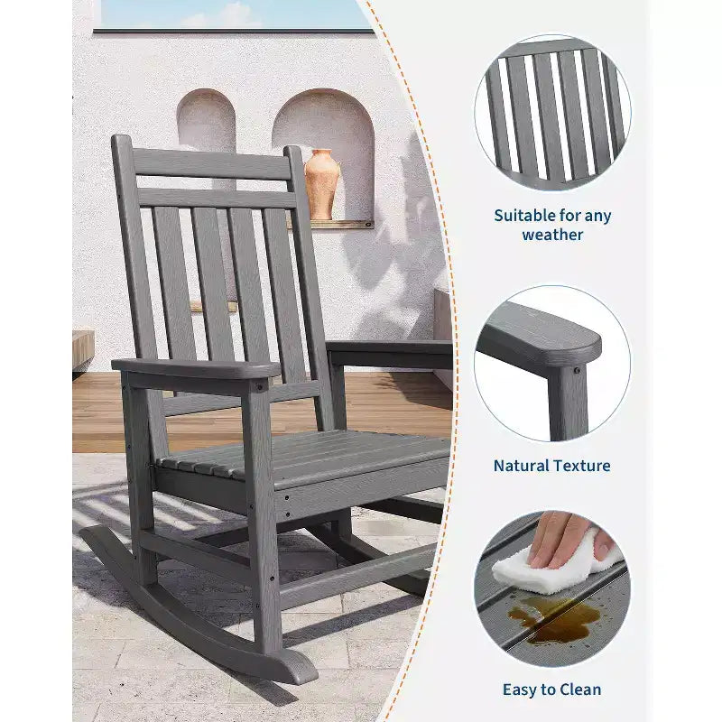 Fauteuil à bascule d'extérieur en PEHD, chaises à bascule de véranda à dossier haut en polyéthylène, meubles résistants aux intempéries pour terrasse et véranda