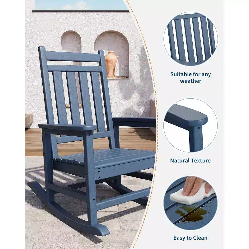Fauteuil à bascule d'extérieur en PEHD, chaises à bascule de véranda à dossier haut en polyéthylène, meubles résistants aux intempéries pour terrasse et véranda