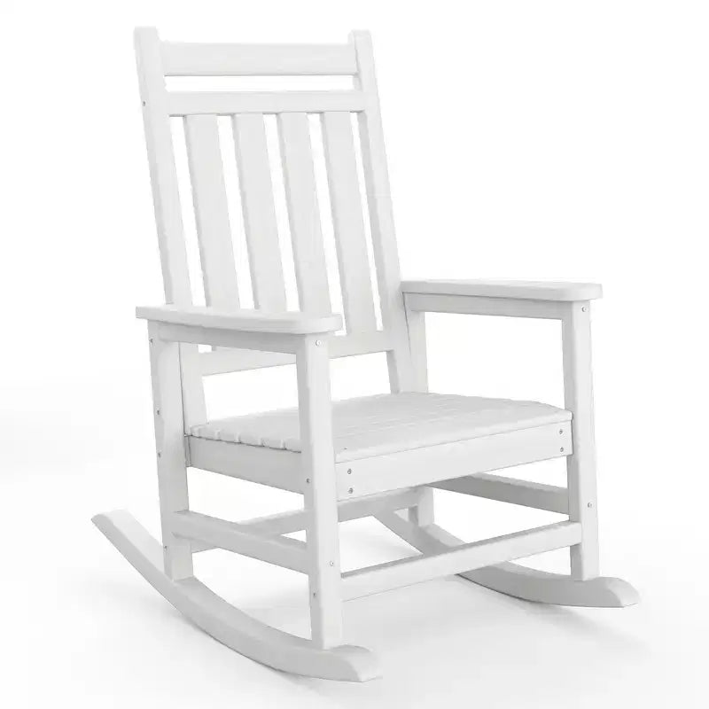 Fauteuil à bascule d'extérieur en PEHD, chaises à bascule de véranda à dossier haut en polyéthylène, meubles résistants aux intempéries pour terrasse et véranda