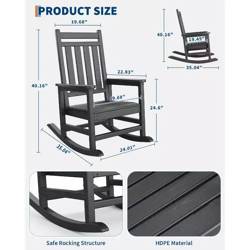 Fauteuil à bascule d'extérieur en PEHD, chaises à bascule de véranda à dossier haut en polyéthylène, meubles résistants aux intempéries pour terrasse et véranda