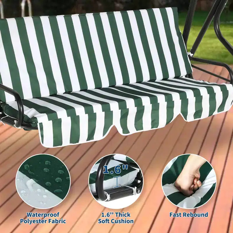 Balançoire de porche 3 places, balançoire de patio avec coussin amovible et cadre en acier thermolaqué, balançoire d'extérieur avec auvent pour porche, jardin