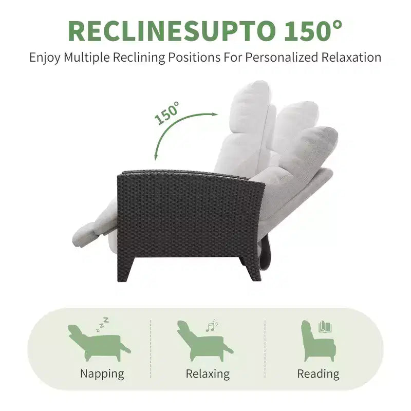 Fauteuil inclinable en osier avec dossier et repose-pieds réglables, chaise longue de patio en rotin inclinable à plat à 150° avec table d'appoint extensible et pompe à air