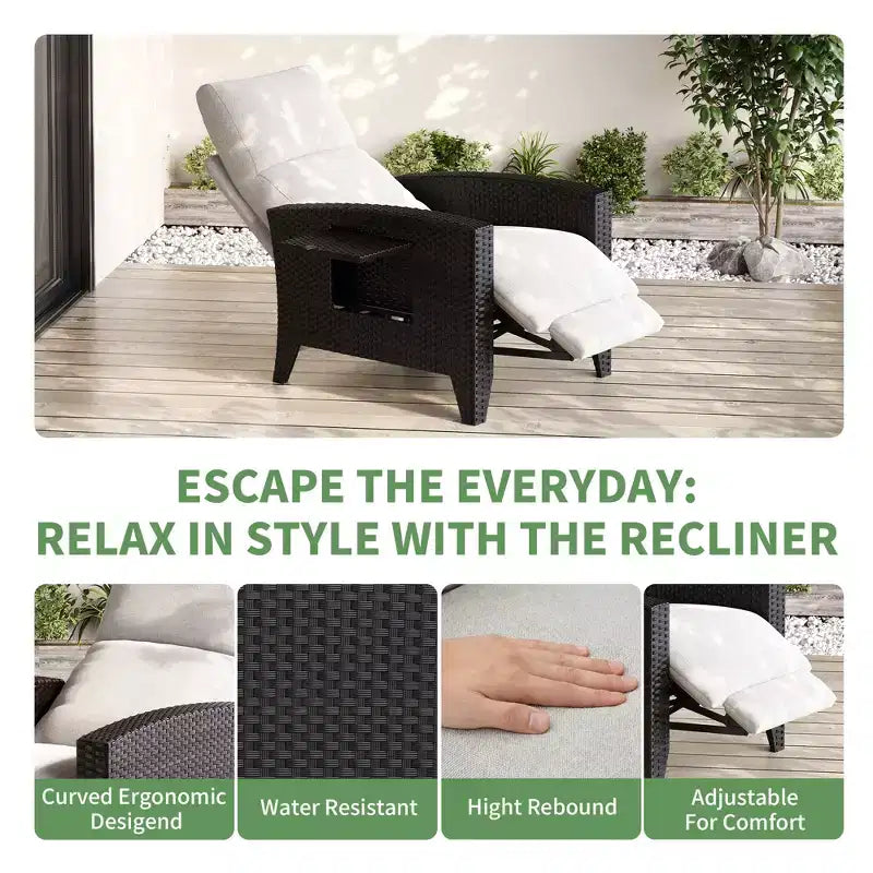 Fauteuil inclinable en osier avec dossier et repose-pieds réglables, chaise longue de patio en rotin inclinable à plat à 150° avec table d'appoint extensible et pompe à air