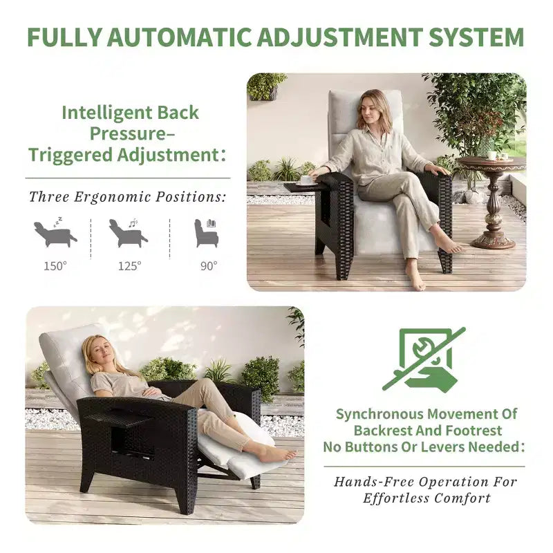 Fauteuil inclinable en osier avec dossier et repose-pieds réglables, chaise longue de patio en rotin inclinable à plat à 150° avec table d'appoint extensible et pompe à air