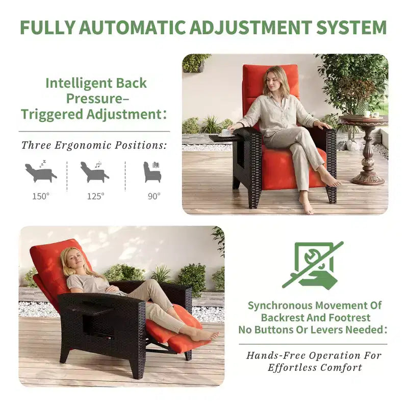 Fauteuil inclinable en osier avec dossier et repose-pieds réglables, chaise longue de patio en rotin inclinable à plat à 150° avec table d'appoint extensible et pompe à air