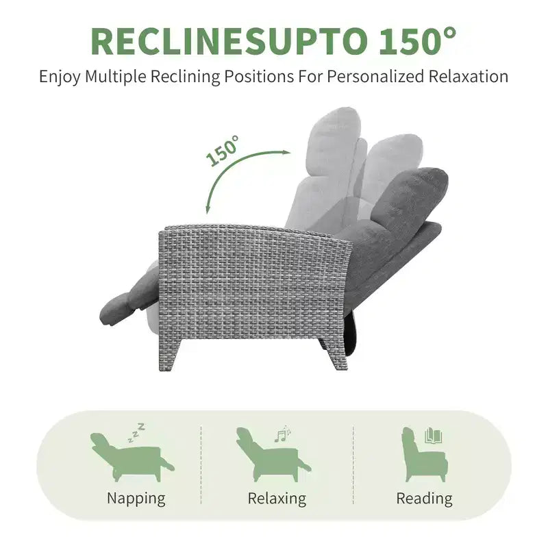 Fauteuil inclinable en osier avec dossier et repose-pieds réglables, chaise longue de patio en rotin inclinable à plat à 150° avec table d'appoint extensible et pompe à air