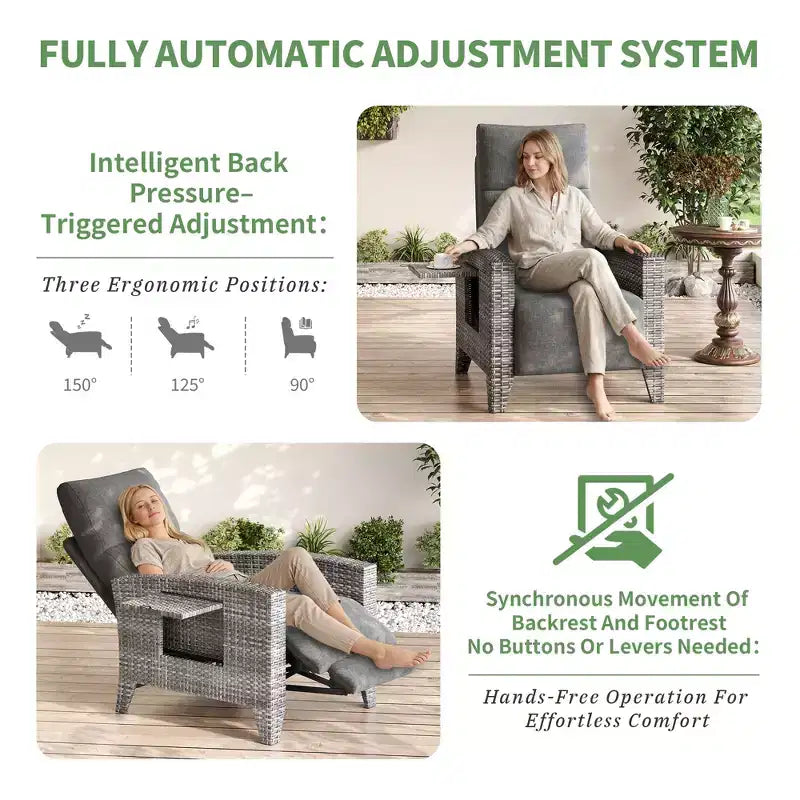 Fauteuil inclinable en osier avec dossier et repose-pieds réglables, chaise longue de patio en rotin inclinable à plat à 150° avec table d'appoint extensible et pompe à air