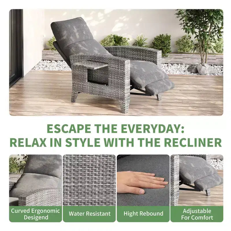 Fauteuil inclinable en osier avec dossier et repose-pieds réglables, chaise longue de patio en rotin inclinable à plat à 150° avec table d'appoint extensible et pompe à air