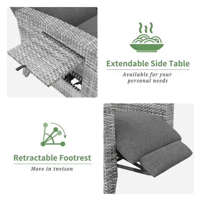 Fauteuil inclinable en osier avec dossier et repose-pieds réglables, chaise longue de patio en rotin inclinable à plat à 150° avec table d'appoint extensible et pompe à air