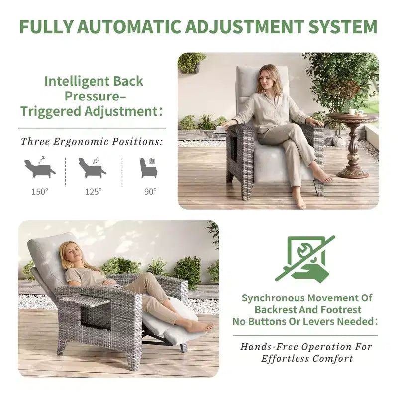 Fauteuil inclinable en osier avec dossier et repose-pieds réglables, chaise longue de patio en rotin inclinable à plat à 150° avec table d'appoint extensible et pompe à air