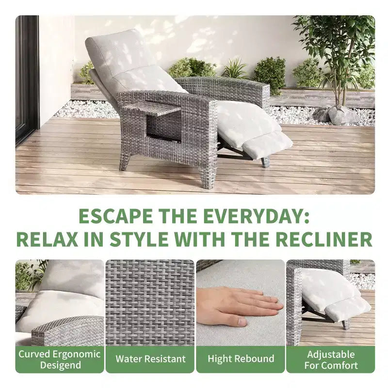 Fauteuil inclinable en osier avec dossier et repose-pieds réglables, chaise longue de patio en rotin inclinable à plat à 150° avec table d'appoint extensible et pompe à air