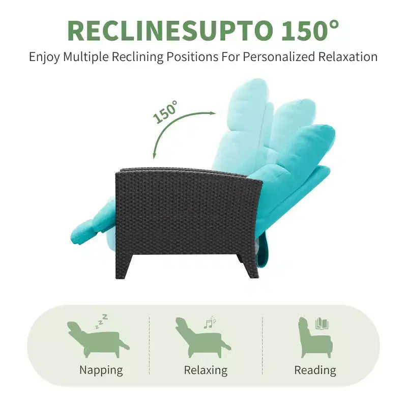 Fauteuil inclinable en osier avec dossier et repose-pieds réglables, chaise longue de patio en rotin inclinable à plat à 150° avec table d'appoint extensible et pompe à air