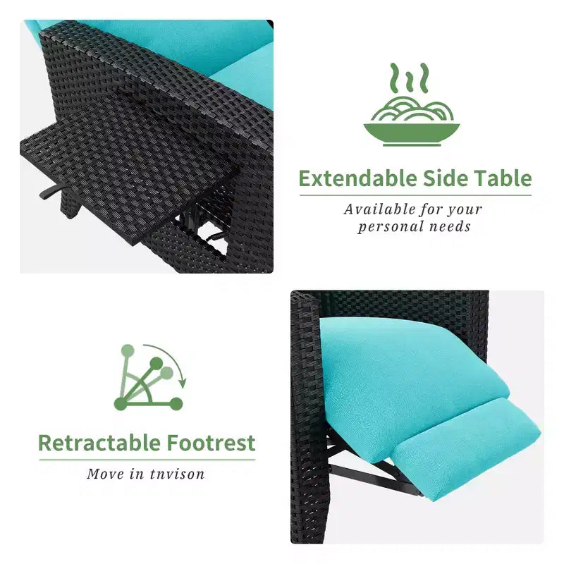 Fauteuil inclinable en osier avec dossier et repose-pieds réglables, chaise longue de patio en rotin inclinable à plat à 150° avec table d'appoint extensible et pompe à air