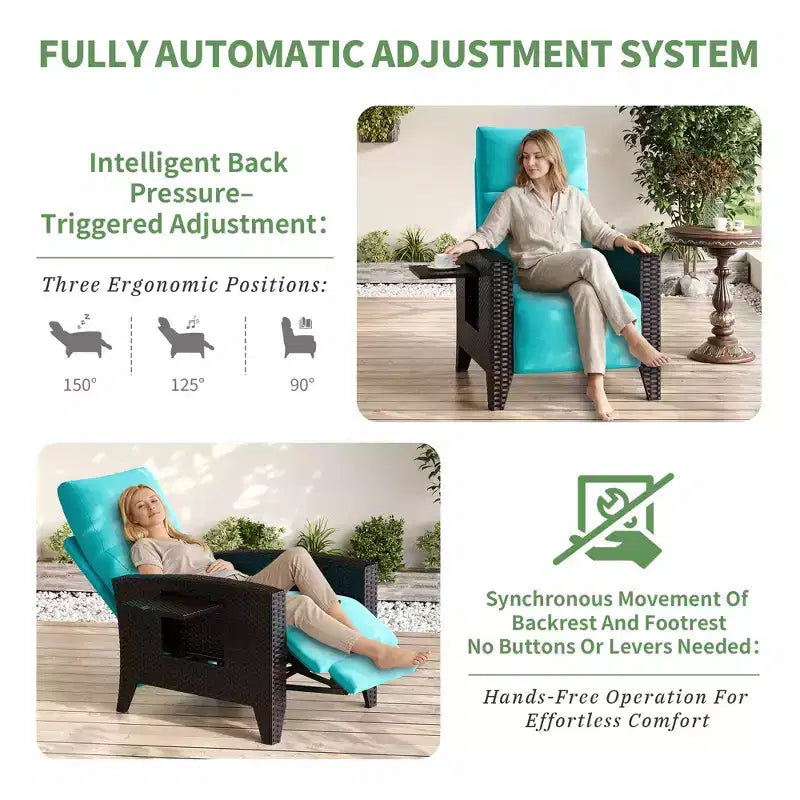Fauteuil inclinable en osier avec dossier et repose-pieds réglables, chaise longue de patio en rotin inclinable à plat à 150° avec table d'appoint extensible et pompe à air