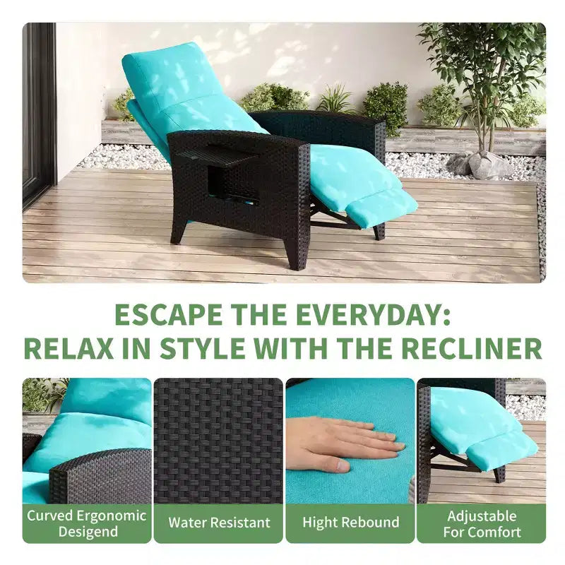 Fauteuil inclinable en osier avec dossier et repose-pieds réglables, chaise longue de patio en rotin inclinable à plat à 150° avec table d'appoint extensible et pompe à air