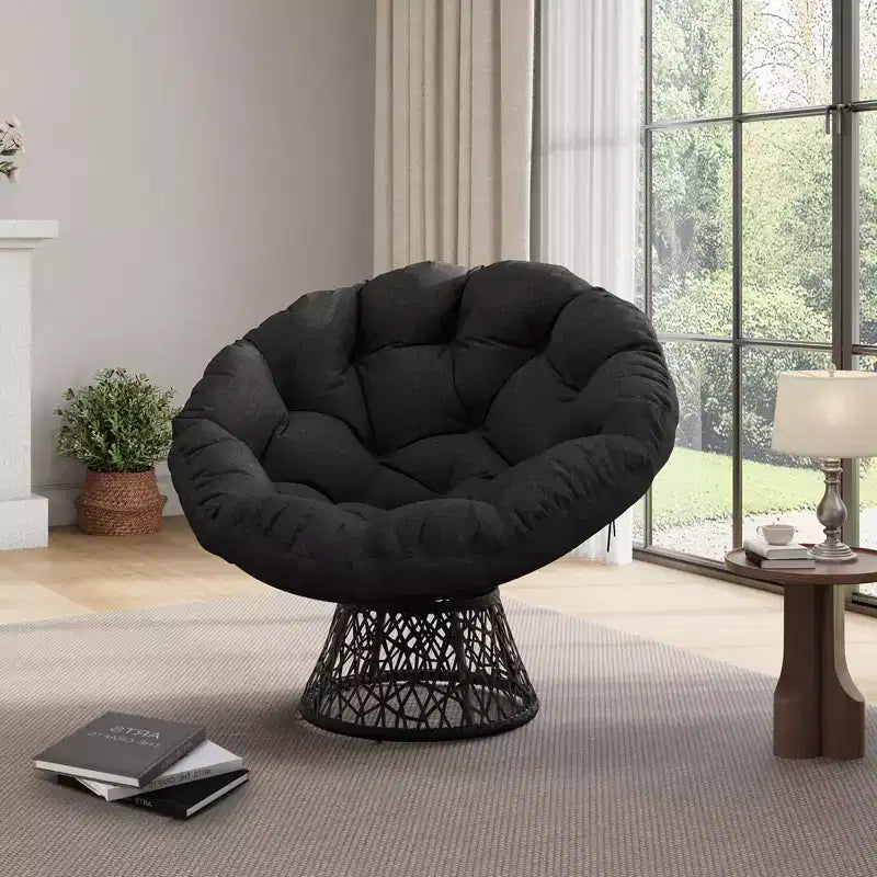 Fauteuil Papasan moderne de 37 pouces en osier ergonomique, fauteuil pivotant surdimensionné avec base pivotante à 360° pour chambre à coucher, patio, salon, coin lecture