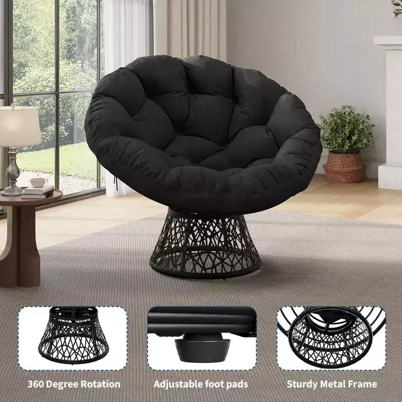 Fauteuil Papasan moderne de 37 pouces en osier ergonomique, fauteuil pivotant surdimensionné avec base pivotante à 360° pour chambre à coucher, patio, salon, coin lecture