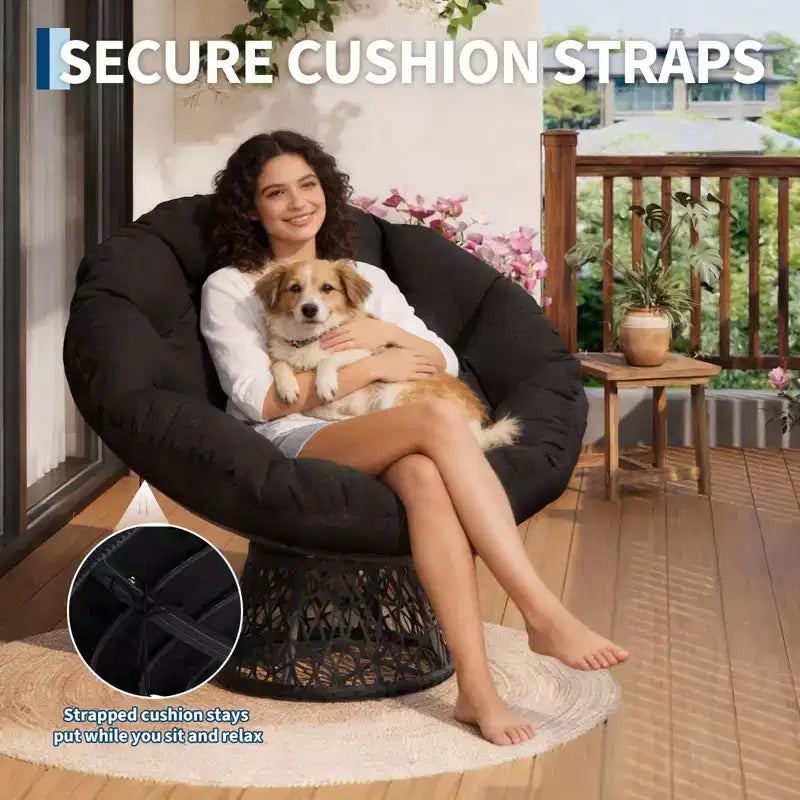 Fauteuil Papasan moderne de 37 pouces en osier ergonomique, fauteuil pivotant surdimensionné avec base pivotante à 360° pour chambre à coucher, patio, salon, coin lecture