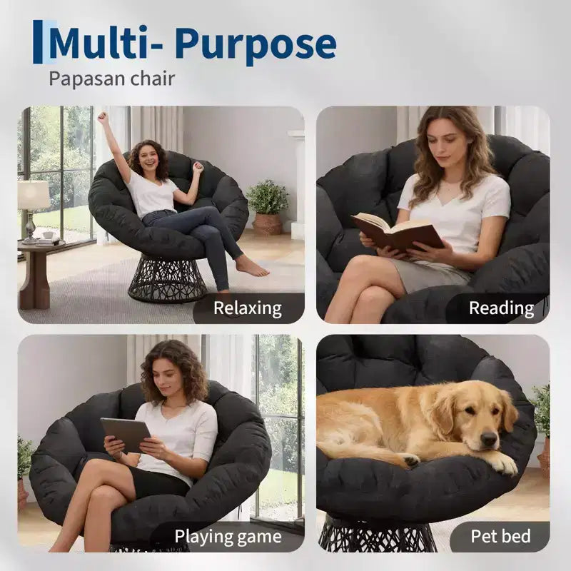 Fauteuil Papasan moderne de 37 pouces en osier ergonomique, fauteuil pivotant surdimensionné avec base pivotante à 360° pour chambre à coucher, patio, salon, coin lecture