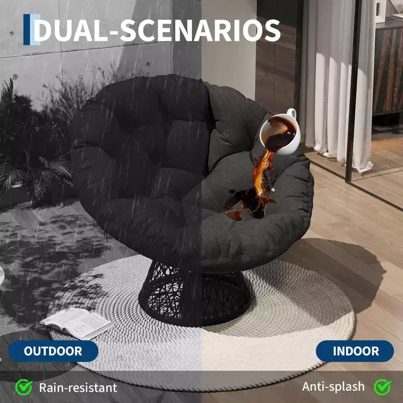 Fauteuil Papasan moderne de 37 pouces en osier ergonomique, fauteuil pivotant surdimensionné avec base pivotante à 360° pour chambre à coucher, patio, salon, coin lecture