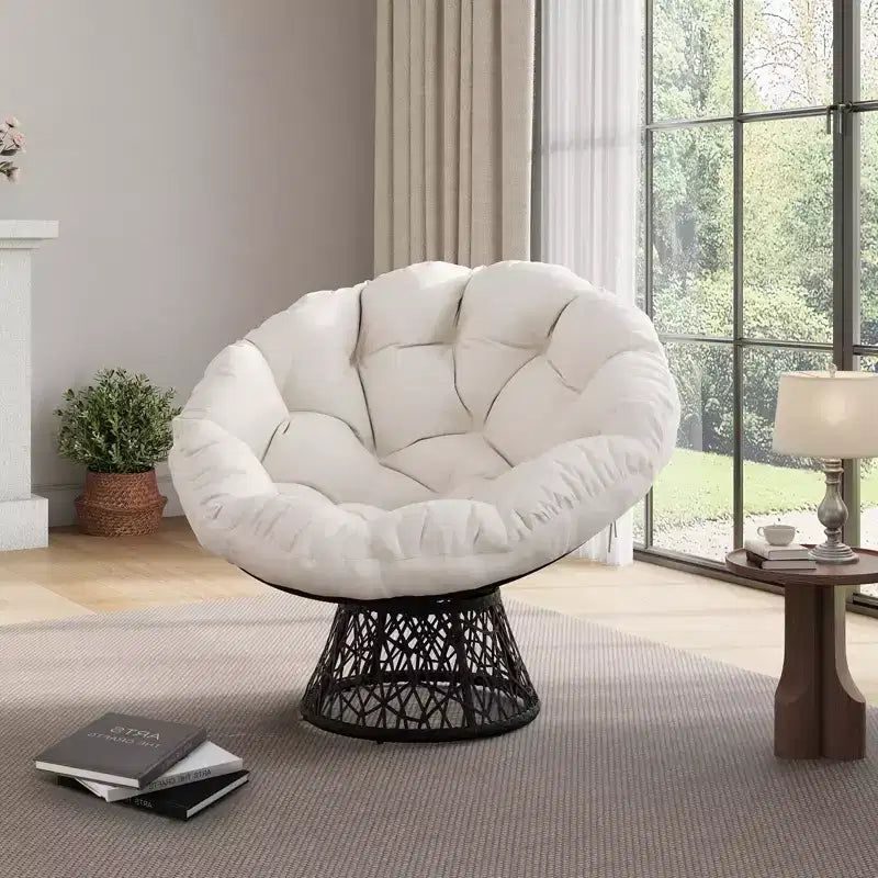 Fauteuil Papasan moderne de 37 pouces en osier ergonomique, fauteuil pivotant surdimensionné avec base pivotante à 360° pour chambre à coucher, patio, salon, coin lecture