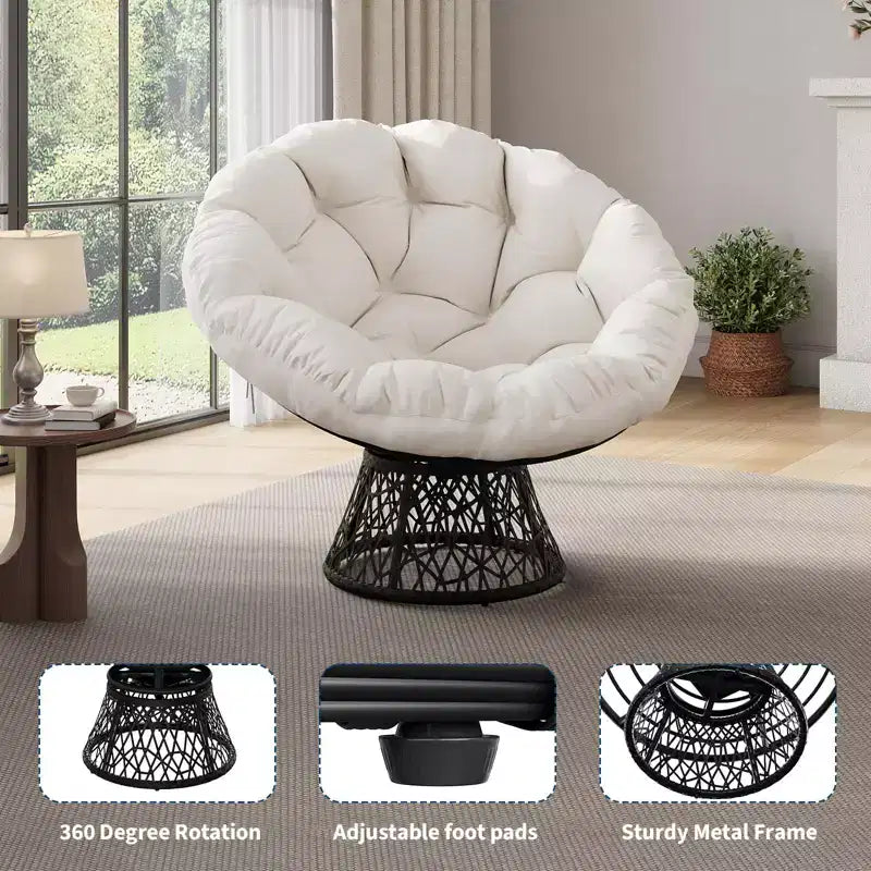 Fauteuil Papasan moderne de 37 pouces en osier ergonomique, fauteuil pivotant surdimensionné avec base pivotante à 360° pour chambre à coucher, patio, salon, coin lecture