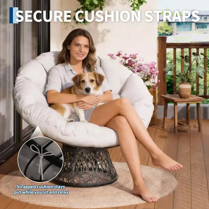 Fauteuil Papasan moderne de 37 pouces en osier ergonomique, fauteuil pivotant surdimensionné avec base pivotante à 360° pour chambre à coucher, patio, salon, coin lecture