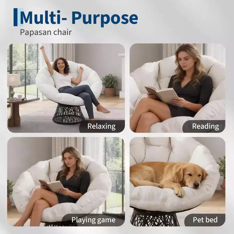 Fauteuil Papasan moderne de 37 pouces en osier ergonomique, fauteuil pivotant surdimensionné avec base pivotante à 360° pour chambre à coucher, patio, salon, coin lecture