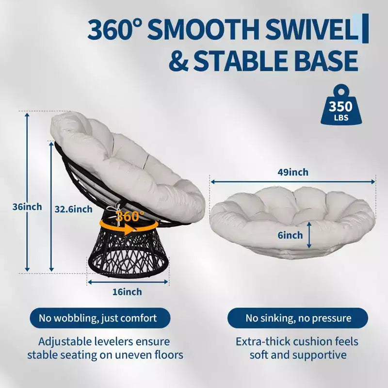 Fauteuil Papasan moderne de 37 pouces en osier ergonomique, fauteuil pivotant surdimensionné avec base pivotante à 360° pour chambre à coucher, patio, salon, coin lecture