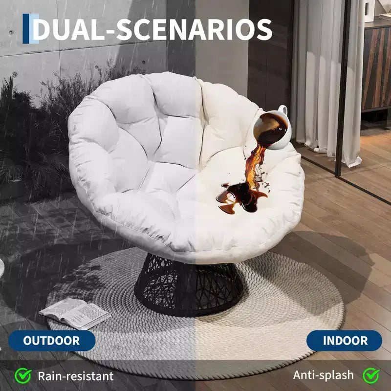 Fauteuil Papasan moderne de 37 pouces en osier ergonomique, fauteuil pivotant surdimensionné avec base pivotante à 360° pour chambre à coucher, patio, salon, coin lecture