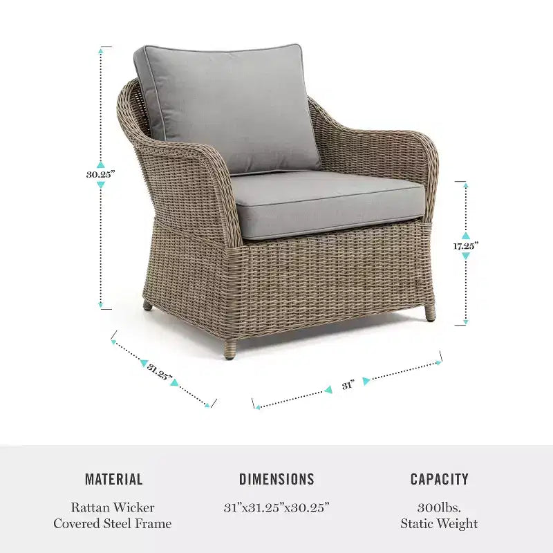 Fauteuil de jardin Martha Stewart Lily Pond, en rotin tressé gris vieilli avec coussins gris résistants aux intempéries