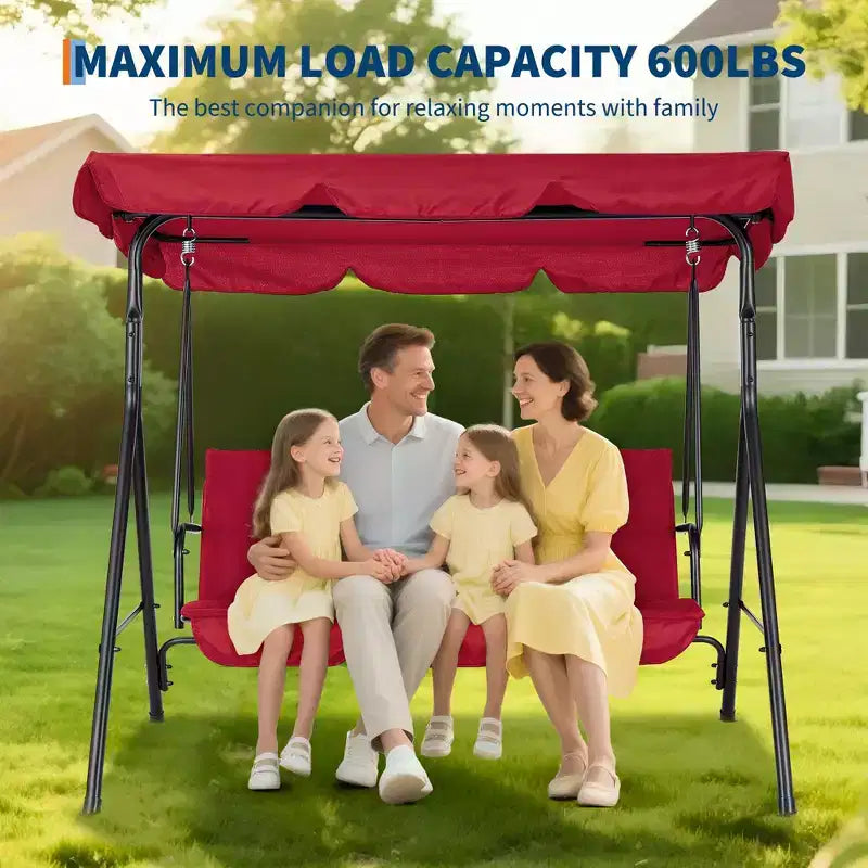 Balançoire de porche extérieure 3 places avec auvent réglable, coussins épais et banc planeur, résistante aux UV et imperméable pour patio