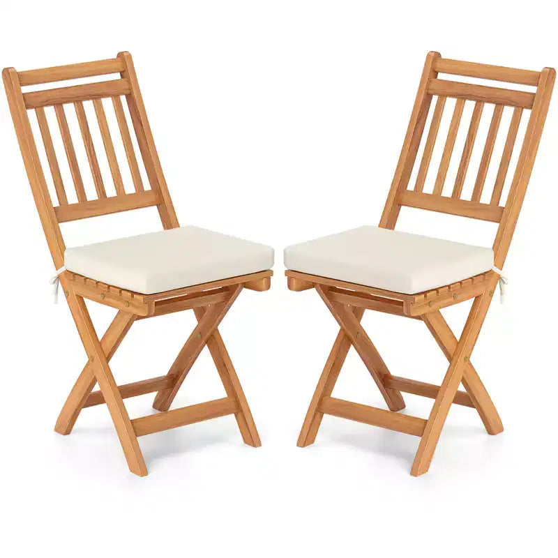Costway Folding Patio Chairs Set of 2 w/ Slatted Backrests & Soft Seat Cushions