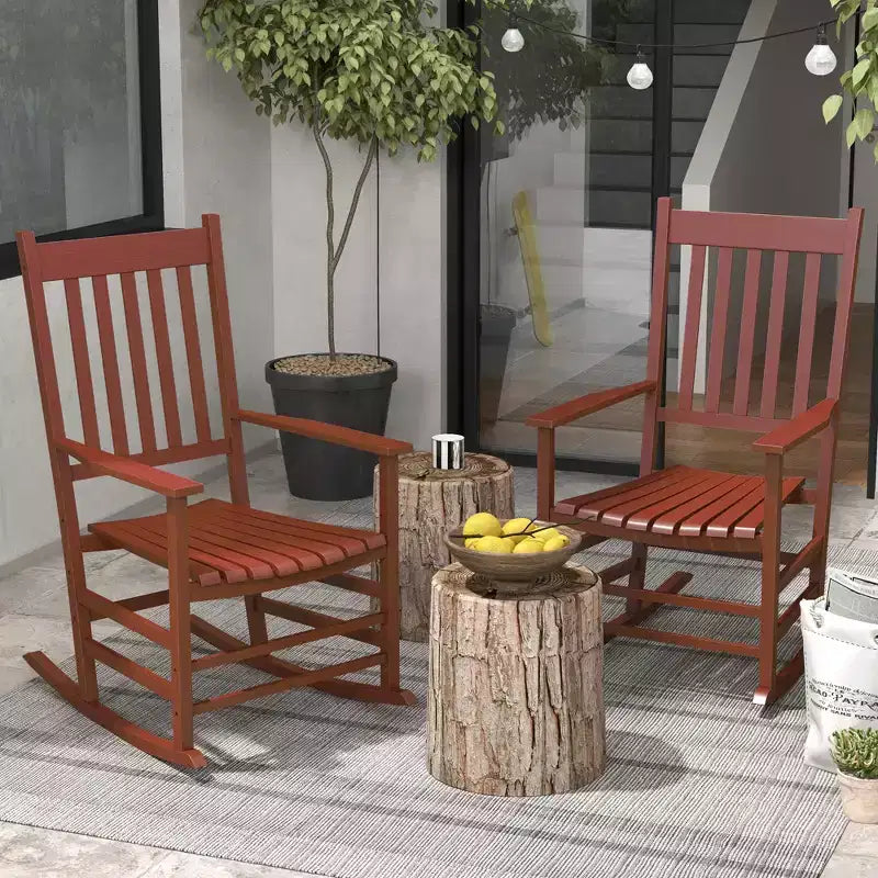 Lot de 2 chaises à bascule d'extérieur, fauteuils à bascule de terrasse en bois avec accoudoirs lisses, dossier haut pour jardin, balcon, porche, supporte jusqu'à 160 kg
