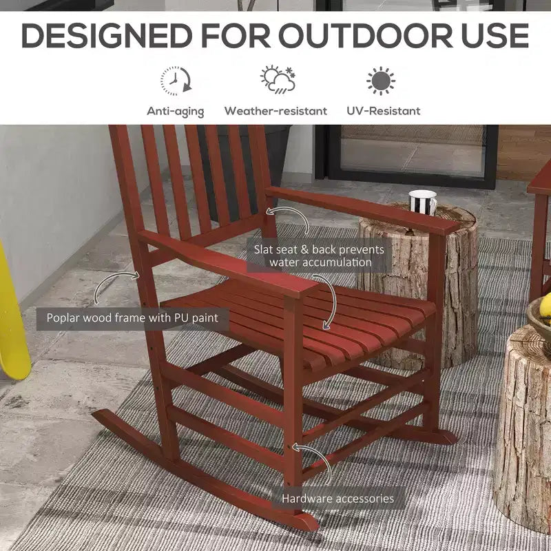 Lot de 2 chaises à bascule d'extérieur, fauteuils à bascule de terrasse en bois avec accoudoirs lisses, dossier haut pour jardin, balcon, porche, supporte jusqu'à 160 kg