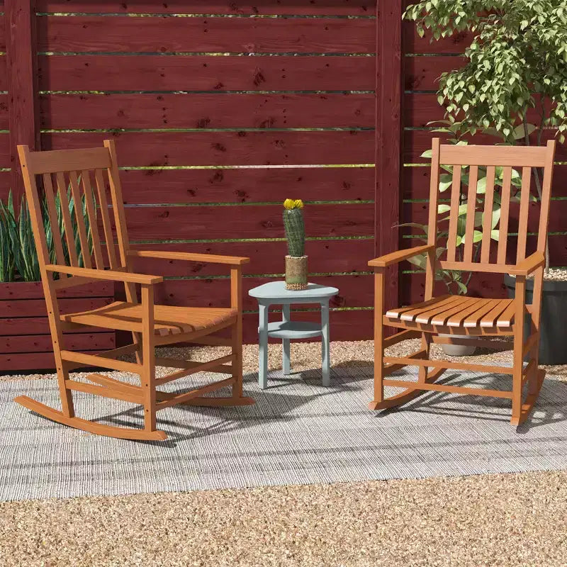 Lot de 2 chaises à bascule d'extérieur, fauteuils à bascule de terrasse en bois avec accoudoirs lisses, dossier haut pour jardin, balcon, porche, supporte jusqu'à 160 kg