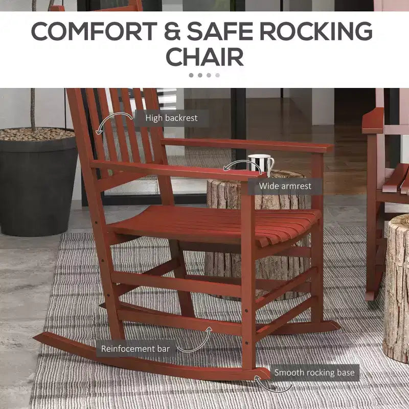 Lot de 2 chaises à bascule d'extérieur, fauteuils à bascule de terrasse en bois avec accoudoirs lisses, dossier haut pour jardin, balcon, porche, supporte jusqu'à 160 kg