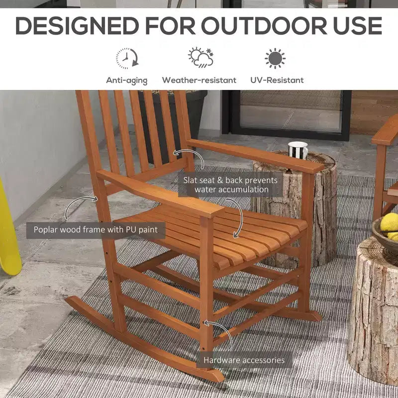 Lot de 2 chaises à bascule d'extérieur, fauteuils à bascule de terrasse en bois avec accoudoirs lisses, dossier haut pour jardin, balcon, porche, supporte jusqu'à 160 kg
