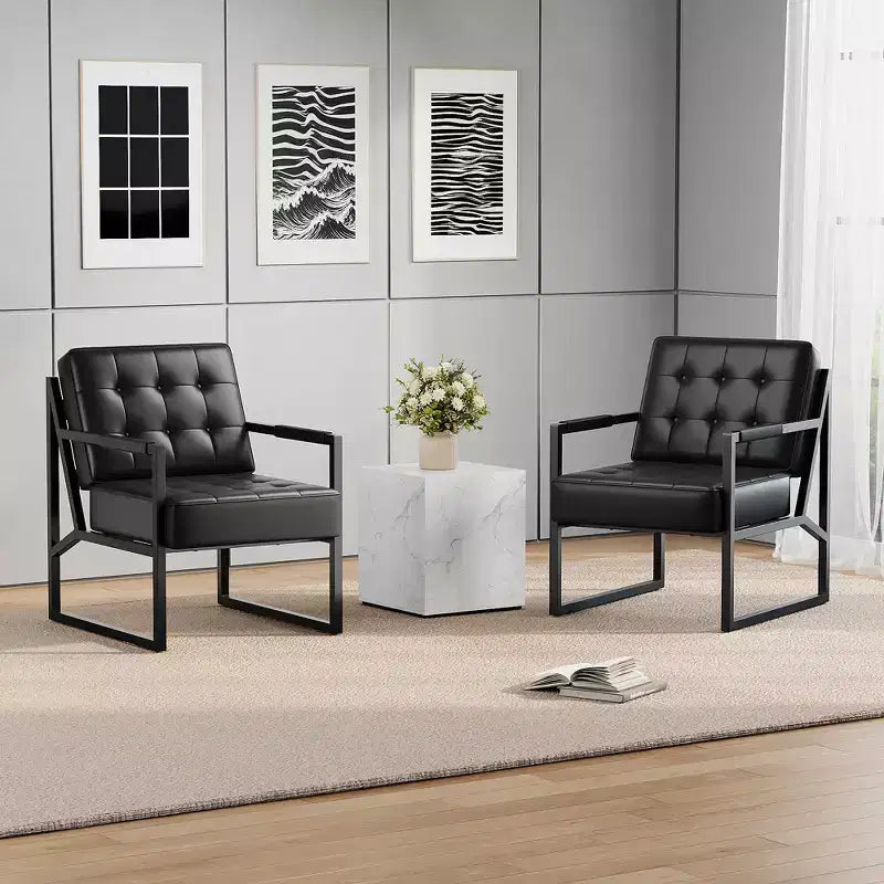 Fauteuil d'appoint moderne du milieu du siècle en cuir synthétique avec coussin épais et pieds en métal, pour salon/chambre/bureau, noir, à l'unité/lot de 2