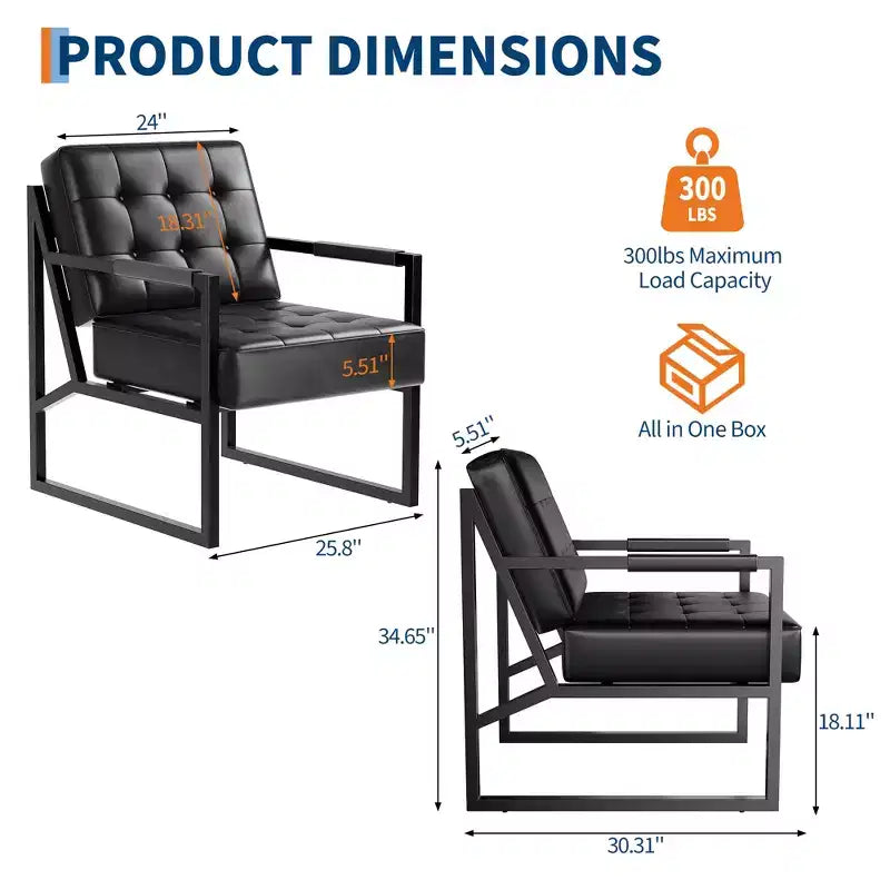 Fauteuil d'appoint moderne du milieu du siècle en cuir synthétique avec coussin épais et pieds en métal, pour salon/chambre/bureau, noir, à l'unité/lot de 2
