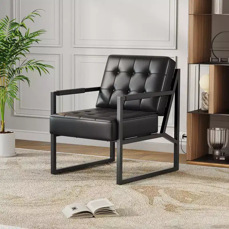 Fauteuil d'appoint moderne du milieu du siècle en cuir synthétique avec coussin épais et pieds en métal, pour salon/chambre/bureau, noir, à l'unité/lot de 2