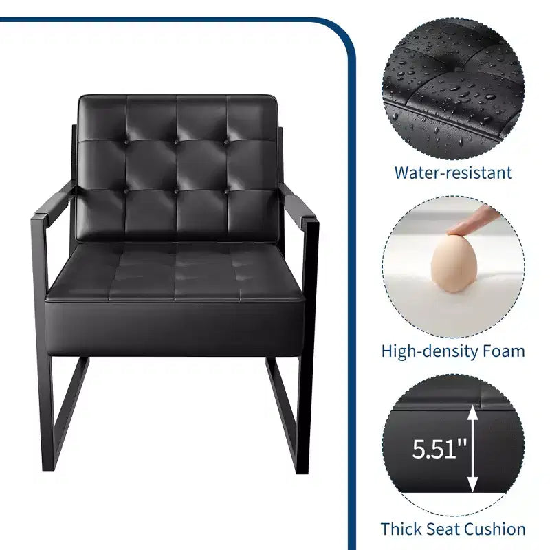 Fauteuil d'appoint moderne du milieu du siècle en cuir synthétique avec coussin épais et pieds en métal, pour salon/chambre/bureau, noir, à l'unité/lot de 2