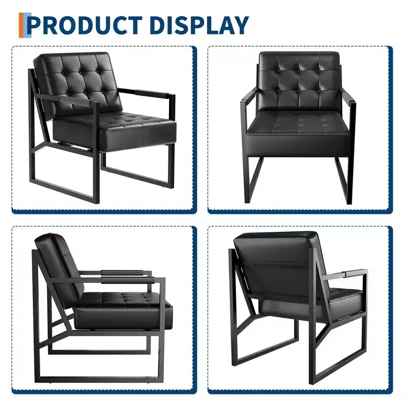 Fauteuil d'appoint moderne du milieu du siècle en cuir synthétique avec coussin épais et pieds en métal, pour salon/chambre/bureau, noir, à l'unité/lot de 2