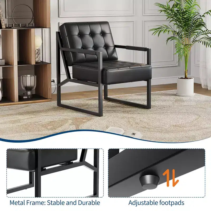 Fauteuil d'appoint moderne du milieu du siècle en cuir synthétique avec coussin épais et pieds en métal, pour salon/chambre/bureau, noir, à l'unité/lot de 2